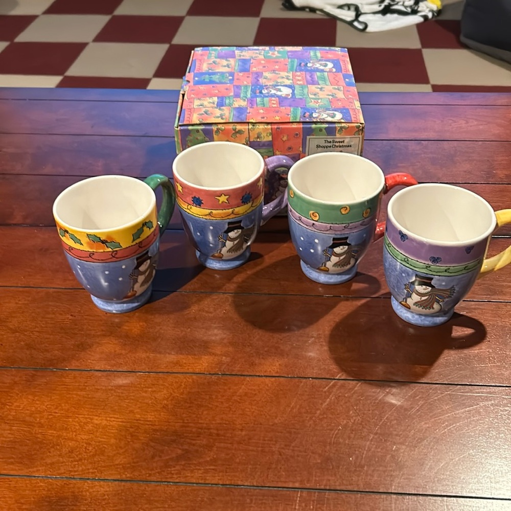 4 Sango Sweet Shoppe Snowman Christmas Mugs 16oz Sue Zipkin New in Box
